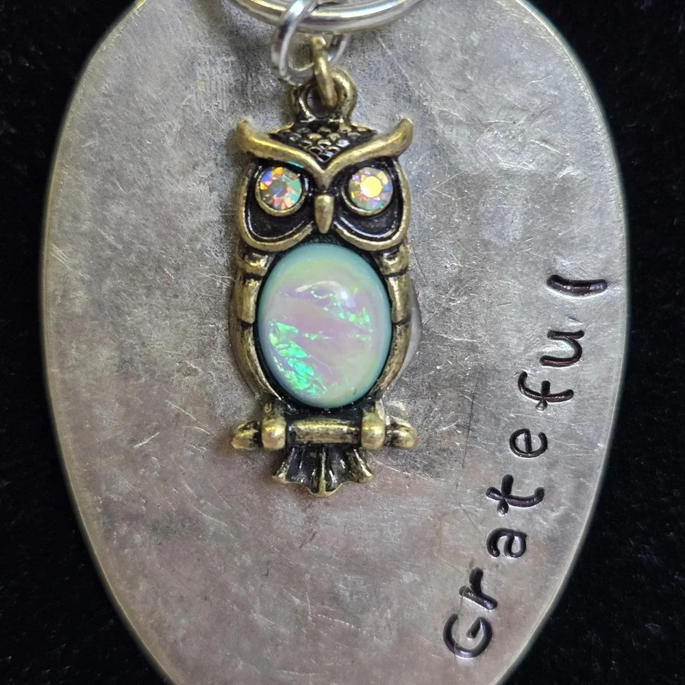 Spoon Pendant Necklace, Owl Charm, Iridescent stone/rhinestones,‎ 28